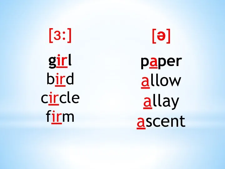 [ɜ:] girl bird circle firm [ə] paper allow allay ascent