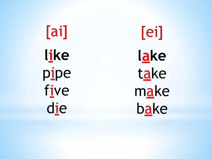 [ai] like pipe five die [ei] lake take make bake