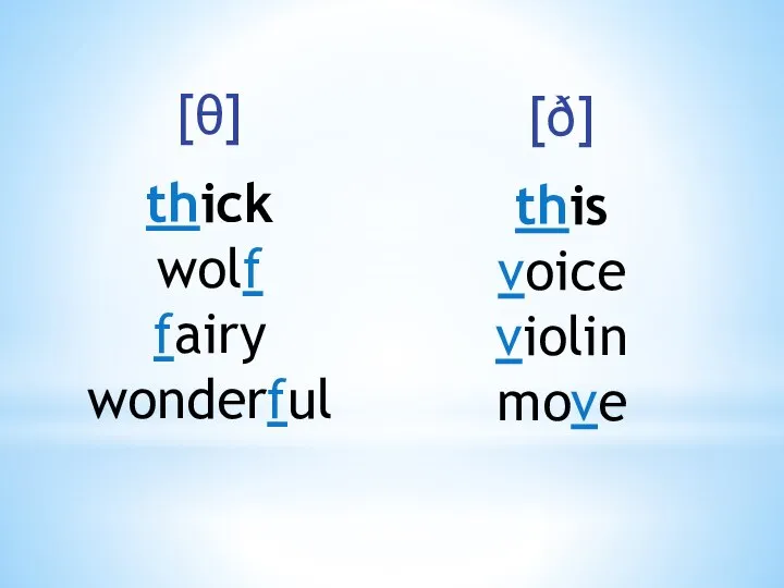 [θ] thick wolf fairy wonderful [ð] this voice violin move