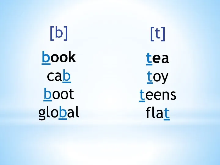 [b] book cab boot global [t] tea toy teens flat