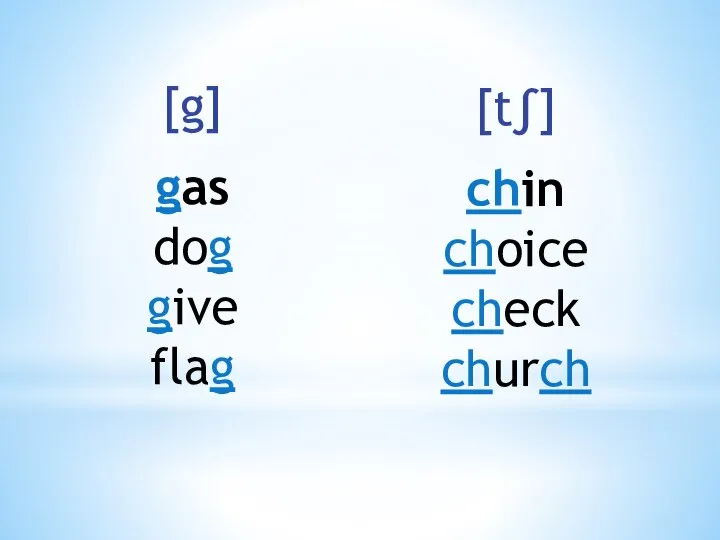 [g] gas dog give flag [t∫] chin choice check church
