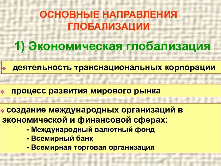 ОСНОВНЫЕ НАПРАВЛЕНИЯ ГЛОБАЛИЗАЦИИ деятельность транснациональных корпорации 1) Экономическая глобализация процесс развития мирового