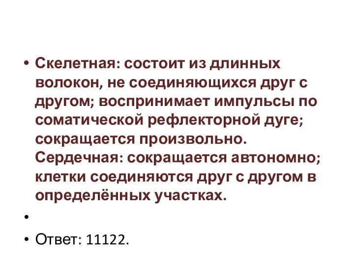 Скелетная: состоит из длинных волокон, не соединяющихся друг с другом; воспринимает импульсы