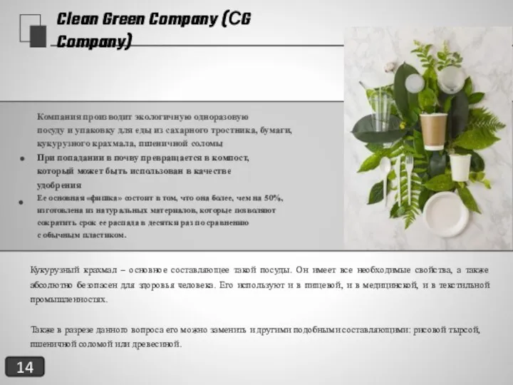 Clean Green Company (СG Company) Компания производит экологичную одноразовую посуду и упаковку