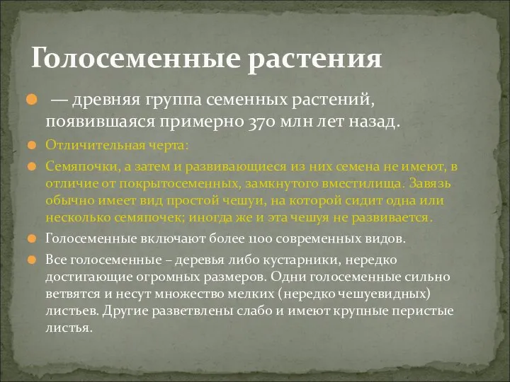 — древняя группа семенных растений, появившаяся примерно 370 млн лет назад. Отличительная