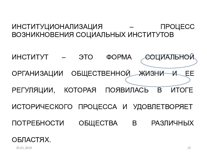 25.01.2019 ИНСТИТУЦИОНАЛИЗАЦИЯ – ПРОЦЕСС ВОЗНИКНОВЕНИЯ СОЦИАЛЬНЫХ ИНСТИТУТОВ ИНСТИТУТ – ЭТО ФОРМА СОЦИАЛЬНОЙ