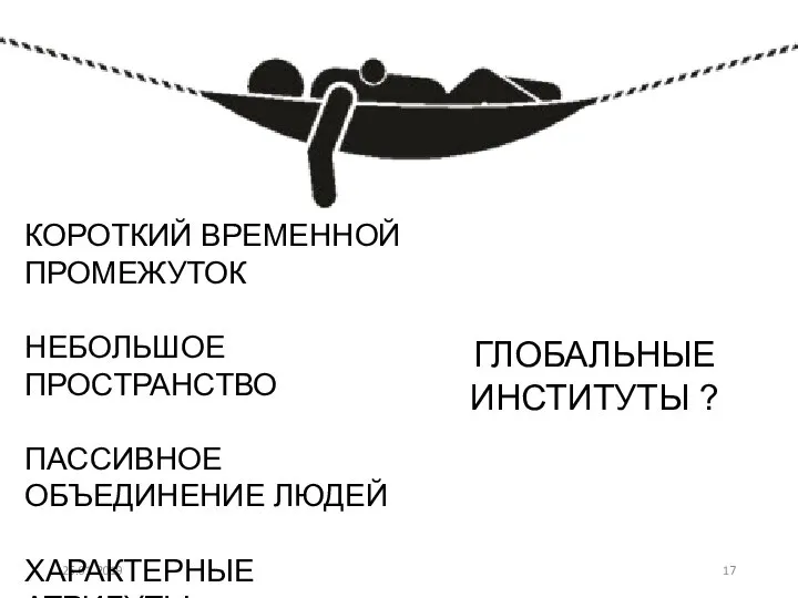 25.01.2019 КОРОТКИЙ ВРЕМЕННОЙ ПРОМЕЖУТОК НЕБОЛЬШОЕ ПРОСТРАНСТВО ПАССИВНОЕ ОБЪЕДИНЕНИЕ ЛЮДЕЙ ХАРАКТЕРНЫЕ АТРИБУТЫ ГЛОБАЛЬНЫЕ ИНСТИТУТЫ ?