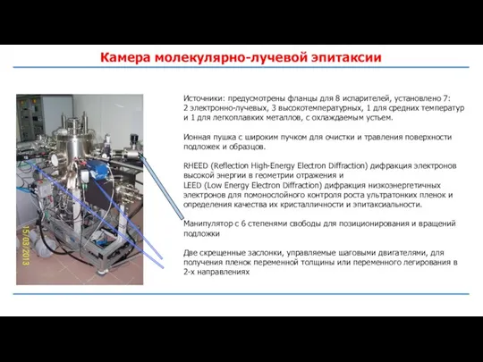 Камера молекулярно-лучевой эпитаксии Источники: предусмотрены фланцы для 8 испарителей, установлено 7: 2