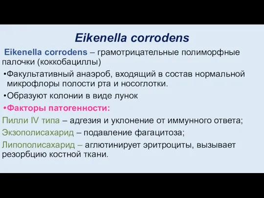 Eikenella corrodens Eikenella corrodens – грамотрицательные полиморфные палочки (коккобациллы) Факультативный анаэроб, входящий