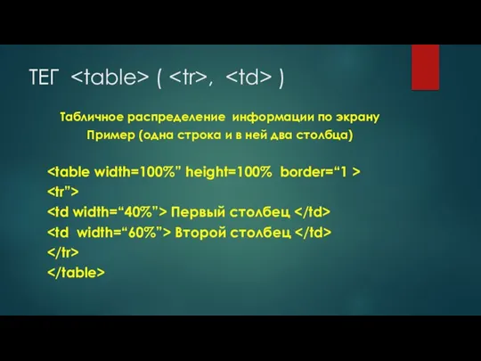 ТЕГ ( , ) Табличное распределение информации по экрану Пример (одна строка