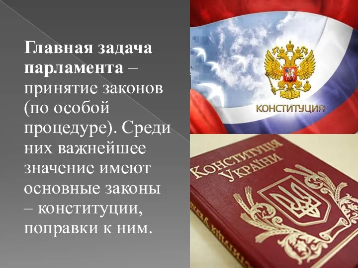 Главная задача парламента – принятие законов (по особой процедуре). Среди них важнейшее