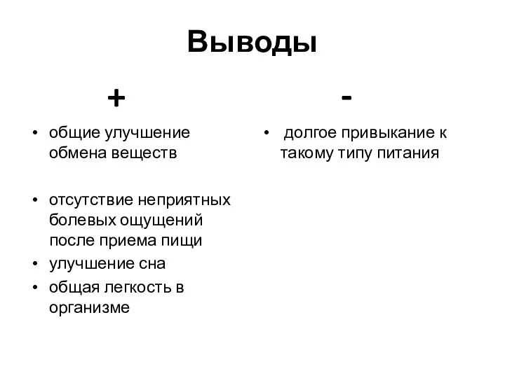 Выводы + общие улучшение обмена веществ отсутствие неприятных болевых ощущений после приема