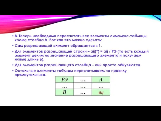 8. Теперь необходимо пересчитать все элементы симплекс-таблицы, кроме столбца b. Вот как