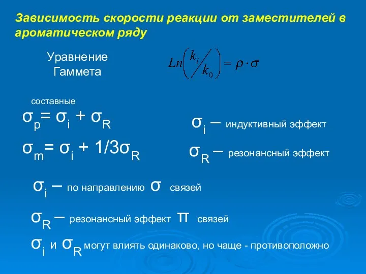 Зависимость скорости реакции от заместителей в ароматическом ряду Уравнение Гаммета σp= σi