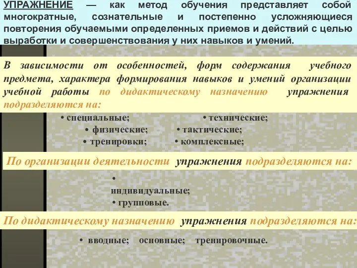 УПРАЖНЕНИЕ — как метод обучения представляет собой многократные, сознательные и постепенно усложняющиеся