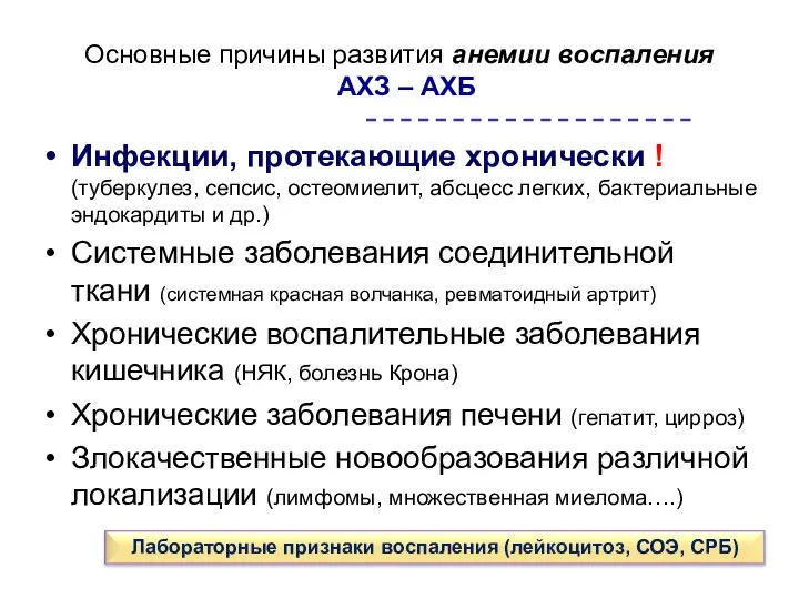 Основные причины развития анемии воспаления АХЗ – АХБ Инфекции, протекающие хронически !