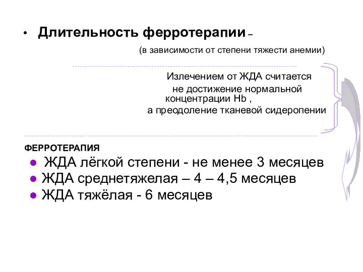 Длительность ферротерапии – (в зависимости от степени тяжести анемии) Излечением от ЖДА