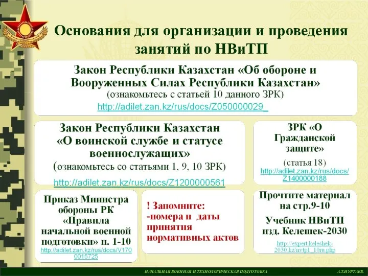 НАЧАЛЬНАЯ ВОЕННАЯ И ТЕХНОЛОГИЧЕСКАЯ ПОДГОТОВКА А.Т.НУРТАЕВ. Основания для организации и проведения занятий по НВиТП