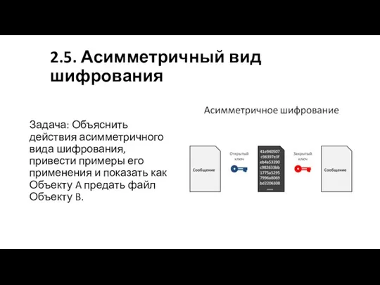 2.5. Асимметричный вид шифрования Задача: Объяснить действия асимметричного вида шифрования, привести примеры