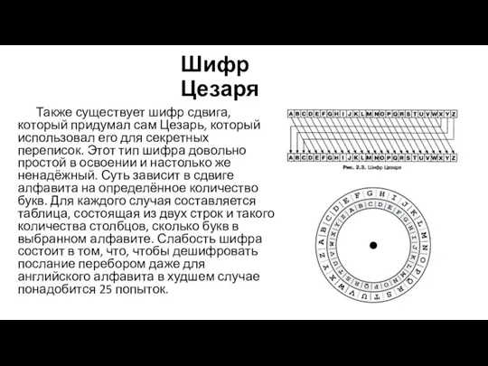 Шифр Цезаря Также существует шифр сдвига, который придумал сам Цезарь, который использовал