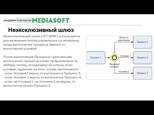 Неэксклюзивный шлюз (“И”/"ИЛИ") используется для ветвления потока управления на несколько, когда выполнение