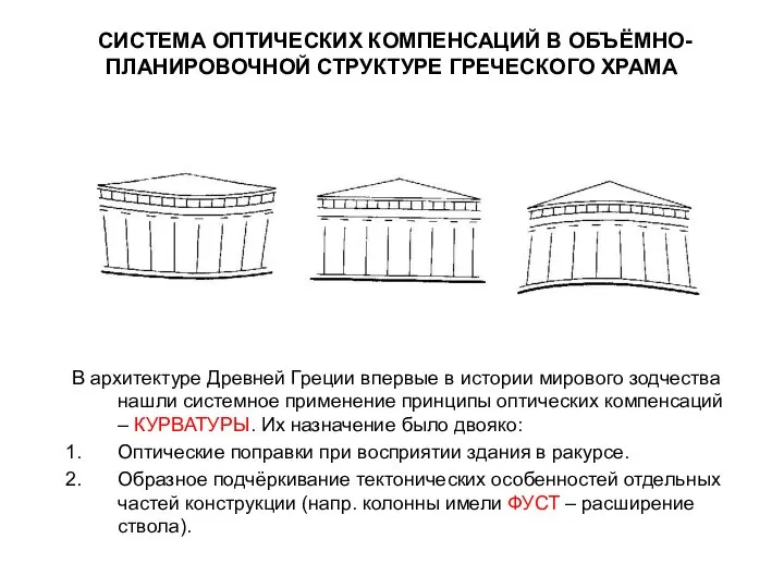 СИСТЕМА ОПТИЧЕСКИХ КОМПЕНСАЦИЙ В ОБЪЁМНО-ПЛАНИРОВОЧНОЙ СТРУКТУРЕ ГРЕЧЕСКОГО ХРАМА В архитектуре Древней Греции