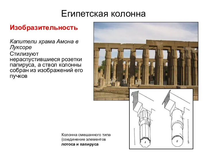 Египетская колонна Изобразительность Капители храма Амона в Луксоре Стилизуют нераспустившиеся розетки папируса,