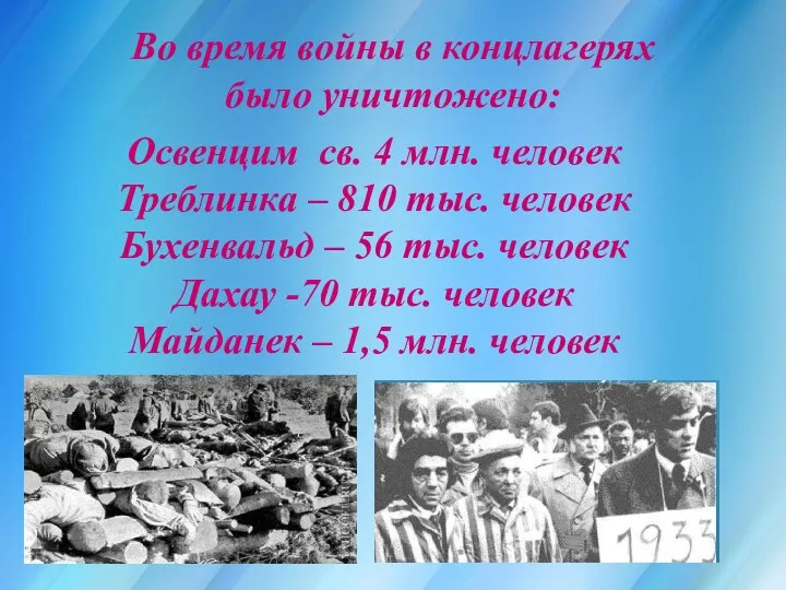 Освенцим св. 4 млн. человек Треблинка – 810 тыс. человек Бухенвальд –