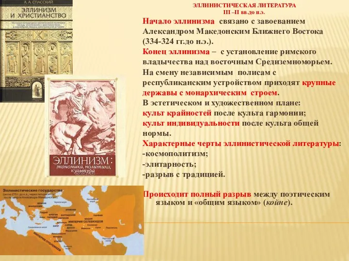 ЭЛЛИНИСТИЧЕСКАЯ ЛИТЕРАТУРА III –II вв.до н.э. Начало эллинизма связано с завоеванием Александром