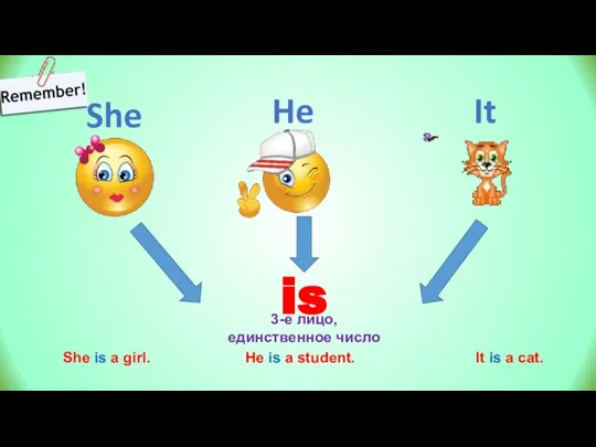 She He It is She is a girl. He is a student.