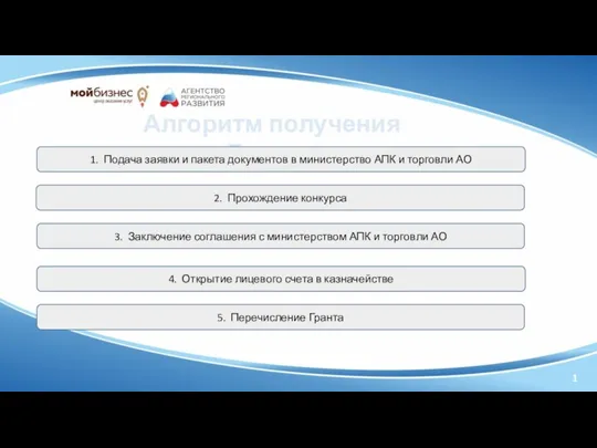 1 Алгоритм получения Гранта: 1. Подача заявки и пакета документов в министерство