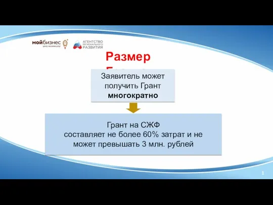 1 Размер Гранта: Заявитель может получить Грант многократно Грант на СЖФ составляет