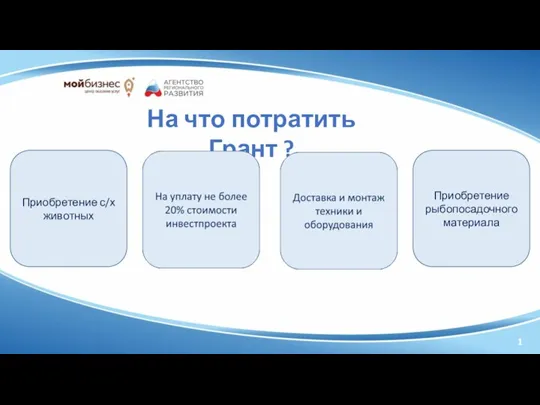 1 На что потратить Грант ? Приобретение с/х животных Приобретение рыбопосадочного материала