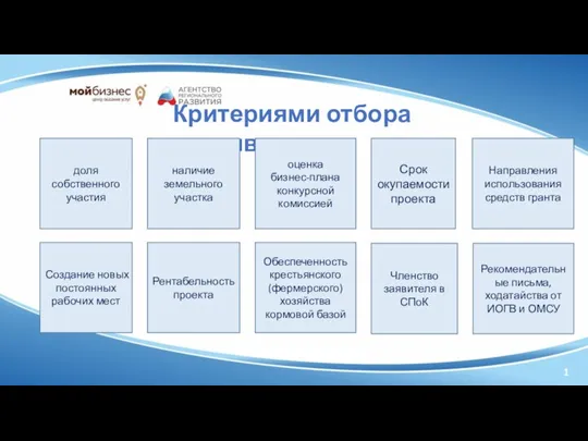 1 Критериями отбора являются: доля собственного участия наличие земельного участка оценка бизнес-плана