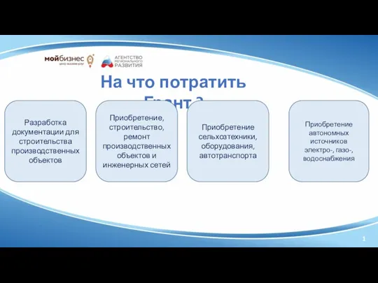 1 На что потратить Грант ? Разработка документации для строительства производственных объектов