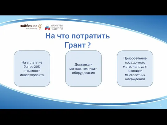 1 На что потратить Грант ? На уплату не более 20% стоимости