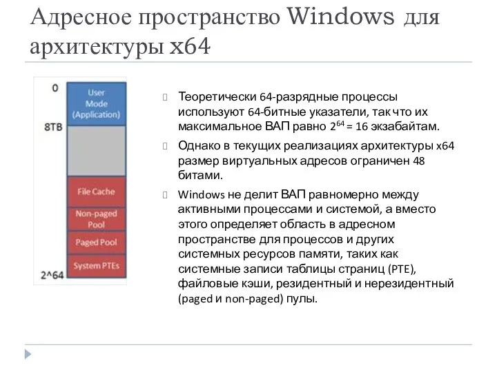Адресное пространство Windows для архитектуры x64 Теоретически 64-разрядные процессы используют 64-битные указатели,