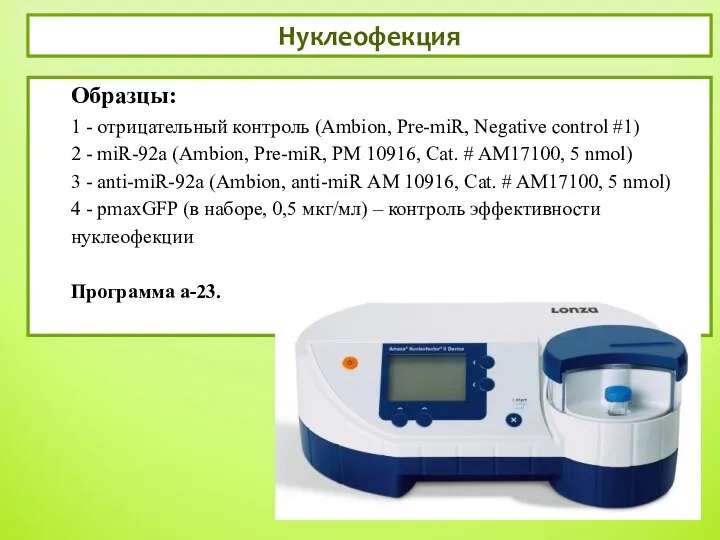 Нуклеофекция Образцы: 1 - отрицательный контроль (Ambion, Pre-miR, Negative control #1) 2