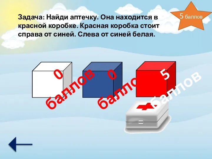 5 баллов Задача: Найди аптечку. Она находится в красной коробке. Красная коробка