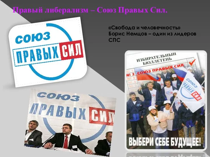 Правый либерализм – Союз Правых Сил. «Свобода и человечность» Борис Немцов – один из лидеров СПС