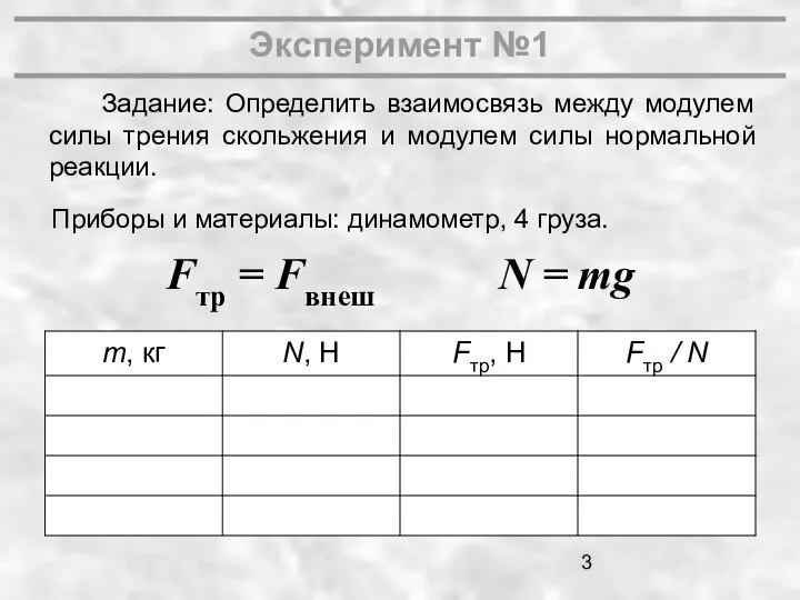 Эксперимент №1 Задание: Определить взаимосвязь между модулем силы трения скольжения и модулем