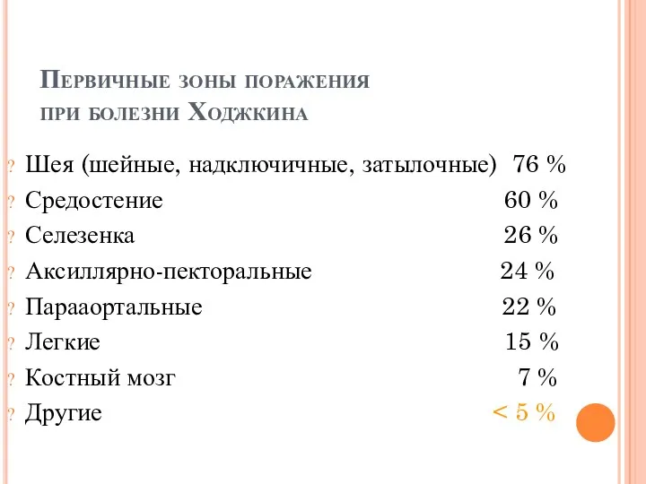 Первичные зоны поражения при болезни Ходжкина Шея (шейные, надключичные, затылочные) 76 %