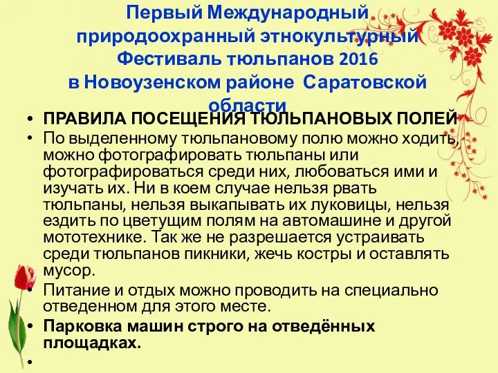 ПРАВИЛА ПОСЕЩЕНИЯ ТЮЛЬПАНОВЫХ ПОЛЕЙ По выделенному тюльпановому полю можно ходить, можно фотографировать