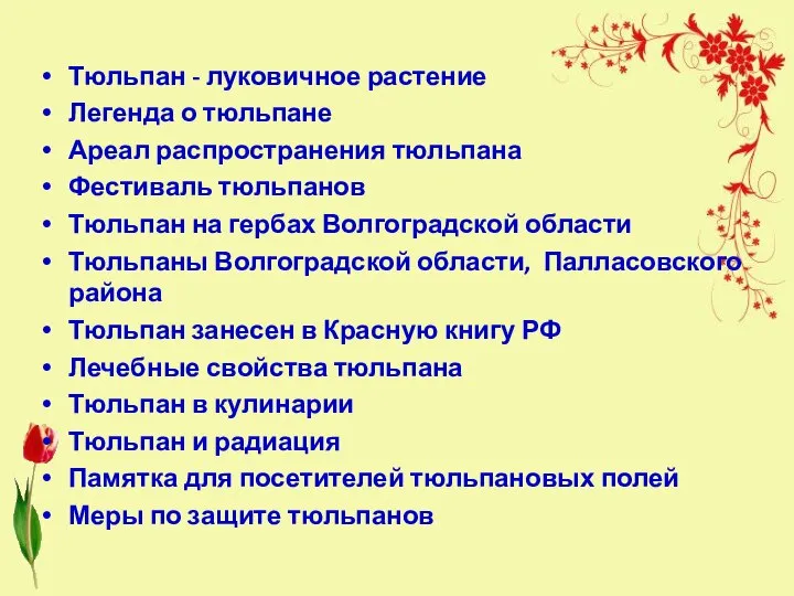 Тюльпан - луковичное растение Легенда о тюльпане Ареал распространения тюльпана Фестиваль тюльпанов