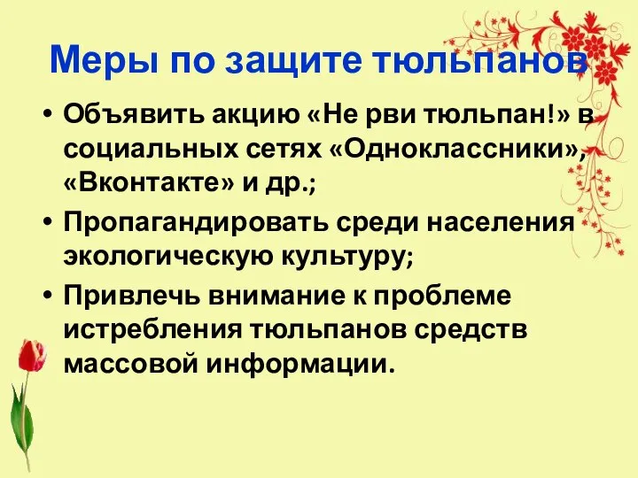 Объявить акцию «Не рви тюльпан!» в социальных сетях «Одноклассники», «Вконтакте» и др.;