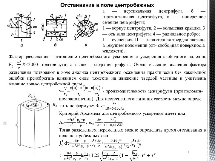 Отстаивание в поле центробежных сил. а — вертикальная центрифуга, б — горизонтальная