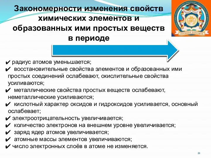 Закономерности изменения свойств химических элементов и образованных ими простых веществ в периоде