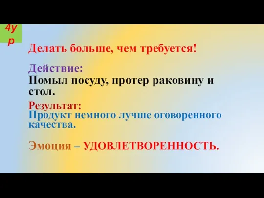 Делать больше, чем требуется! Действие: Помыл посуду, протер раковину и стол. Эмоция