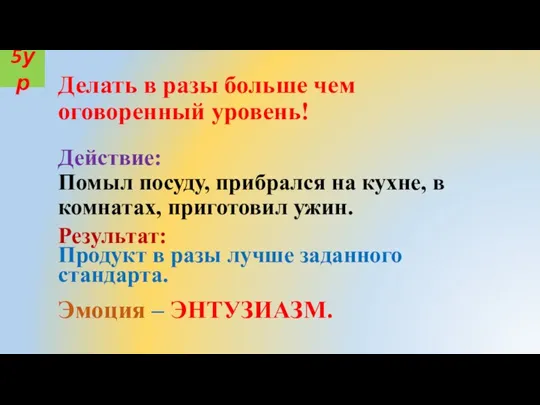 Делать в разы больше чем оговоренный уровень! Действие: Помыл посуду, прибрался на