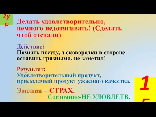 Делать удовлетворительно, немного недотягивать! (Сделать чтоб отстали) Действие: Помыть посуду, а сковородки